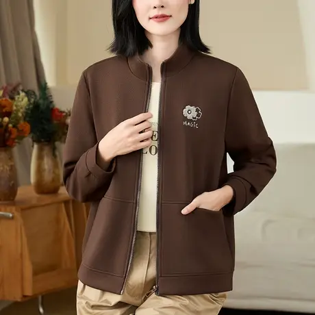立领外套女春秋2024新款时尚韩版宽松大码中年妈妈装拉链卫衣开衫图片