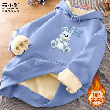 美式复古连帽卫衣女2023新款秋冬加绒宽松小众设计感学生连帽上衣图片