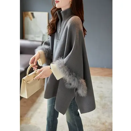 宝诗黎拉链半开领蝙蝠袖宽松羊毛衫2024春季新款纯色针织套头毛衣图片