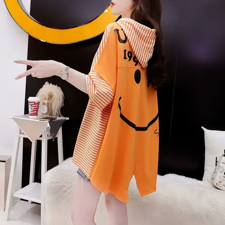 宽松慵懒风连帽短袖T恤女中长款2024新款夏季百搭设计感正肩上衣商品大图