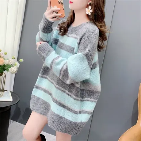 网红时尚软糯条纹圆领毛衣女秋冬新款宽松慵懒风百搭设计感上衣潮商品大图