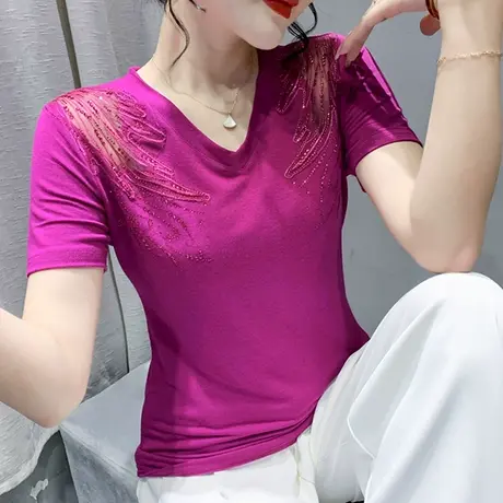 欧货网纱拼接短袖T恤女性感修身洋气百搭上衣烫钻别致漂亮小衫ins商品大图