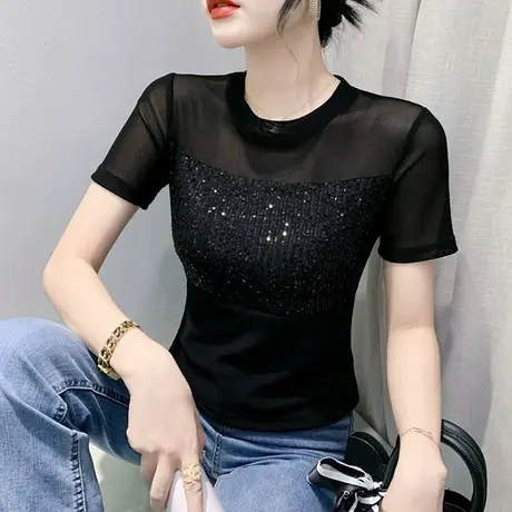 设计感亮片T恤女短袖2024夏装新款网纱拼接小衫性感辣妹短款上衣商品大图