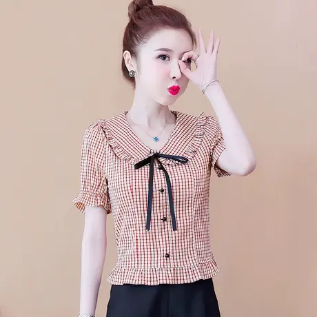 短袖雪纺衫甜美夏季2023年新款洋气格子衬衫别致上衣女设计感小众图片