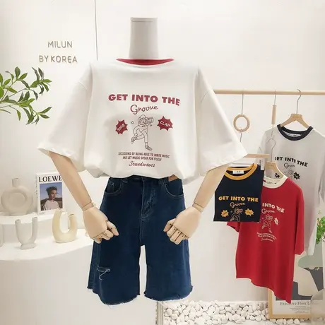 ins原宿风港味上衣2022夏款韩国东大门复古拼色设计感短袖大码图片