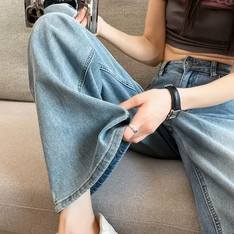 美式高腰阔腿牛仔裤女2023年春夏季薄款宽松显瘦垂感小个子直筒裤商品大图