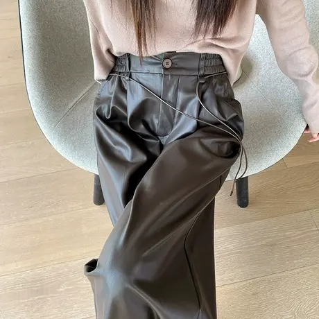 咖啡色美式复古PU皮裤女秋冬新款高腰垂坠感阔腿拖地长裤休闲裤子图片