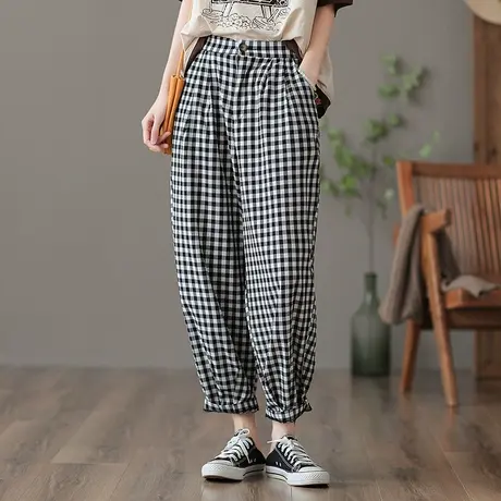dza 高腰显瘦黑白格子裤女夏薄款九分休闲裤宽松阔腿裤萝卜老爹裤图片