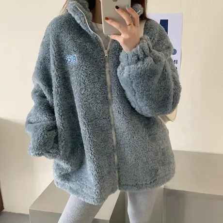 羊羔毛卫衣女2023秋冬季宽松韩版设计感小众上衣加绒加厚开衫外套商品大图