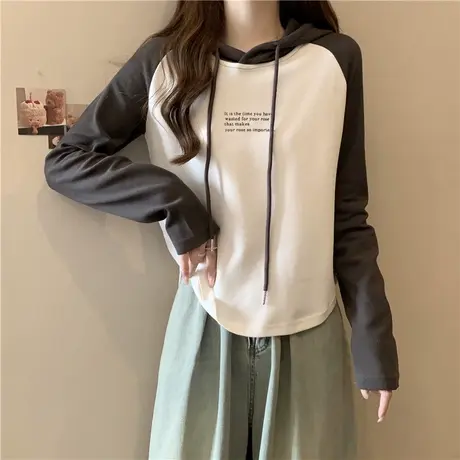 小个子短款撞色插肩袖T恤女2024早秋新款修身显瘦拼接长袖上衣潮商品大图