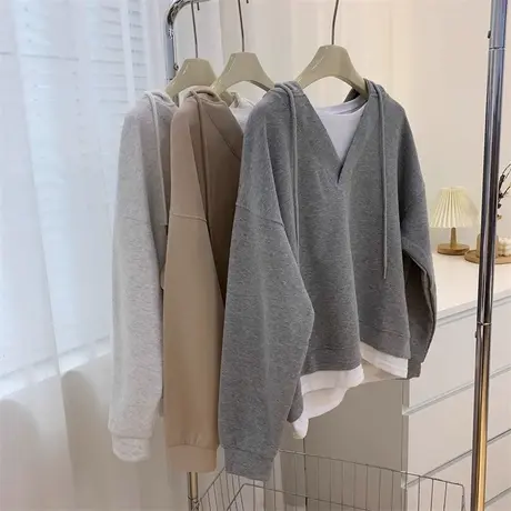 薄款假两件连帽卫衣女春秋装宽松百搭韩版拼接设计感小众上衣外套商品大图