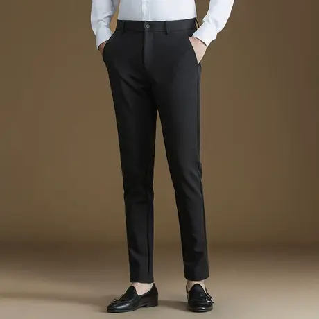 POWO男士休闲裤春季新款四面弹商务修身西裤刺绣韩版小脚长裤子图片