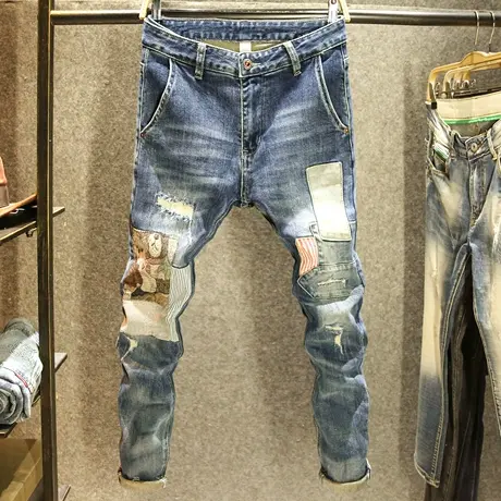 秋冬季痞帅男裤子潮流拼接撞色补丁长裤牛仔裤男款破洞修身小脚裤商品大图