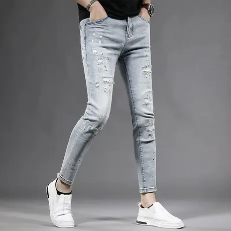 美式高街破洞九分牛仔裤男2023新款修身小脚个性百搭弹力薄款裤子商品大图