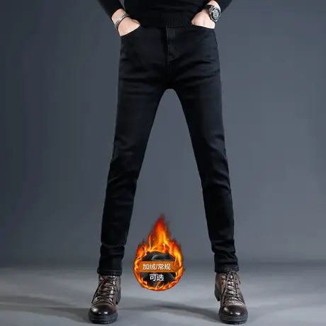 高端黑色加绒加厚牛仔裤男冬季修身小脚2023新款弹力男士裤子秋冬商品大图
