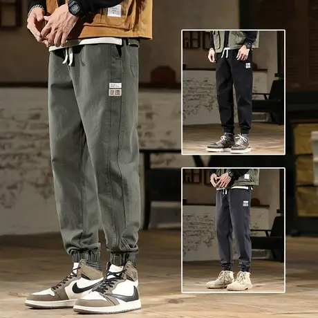 九分军绿色工装裤男士束脚宽松紧腰秋季春秋冬款休闲裤子男裤潮牌商品大图