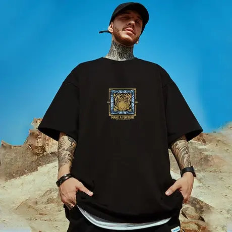 oversize欧美潮牌胖子男装大码国潮简约宽松老虎短袖T恤潮流半袖图片