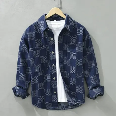 休闲衬衫男宽松春秋季长袖日系格子工装衬衣青年上衣男士外套潮流商品大图