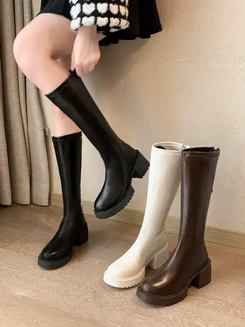 粗跟高筒骑士靴女2023春秋新款后拉链小粗腿显瘦不过膝高跟长靴子图片