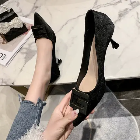 单鞋女2024春季新款气质尖头浅口搭扣高跟鞋时尚细跟不累脚工作鞋商品大图