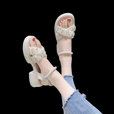 温柔珍珠厚底仙女风凉鞋女配裙子2024年夏季新款时尚百搭罗马鞋潮商品大图