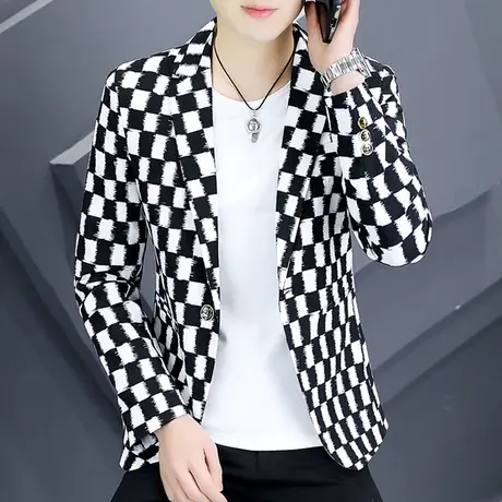 黑白拼色格子西服外套男士潮流春季韩版设计感水波纹痞帅气小西装图片