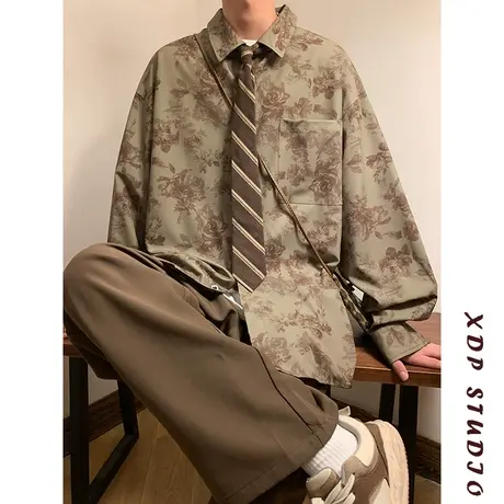 衬衫男港风cec复古高级感外套痞帅日系碎花上衣春秋潮牌长袖衬衣商品大图