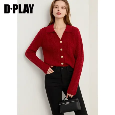 DPLAY秋季复古节日喜庆红色Polo领长袖绞花针织开衫外套商品大图