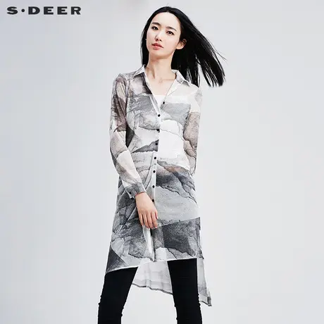 sdeer圣迪奥女装夏装轻盈微透水墨纹理印花防晒长袖衬衫S16280570图片