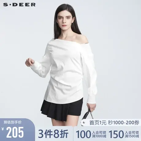 sdeer圣迪奥春秋装优雅一字领不规则松紧拼接衬衫S21180502图片