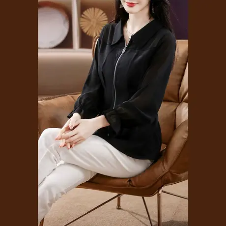 伊自尚2024年新款胖mm大码女装春季气质宽松polo领百搭衬衫上衣女商品大图