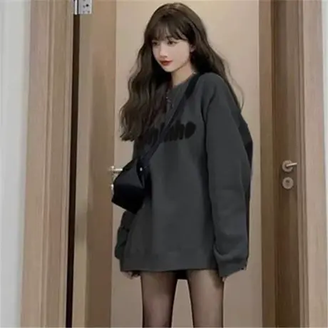 高档洋气深灰色加绒卫衣秋冬女2024新款中长款遮屁股休闲外套卫衣商品大图