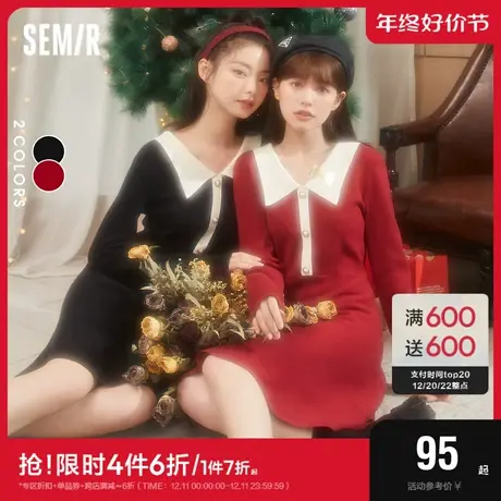 森马连衣裙女法式翻领温柔风裙子秋冬新款修身红色针织裙商品大图