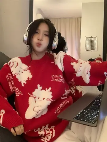 2024属龙年本命年衣服红色毛衣女时尚秋冬季过新年战袍喜庆情侣装商品大图