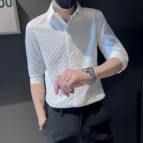 夏季纯色格子衬衫七分袖修身短袖中袖潮流休闲帅气ins发型师衬衣商品大图