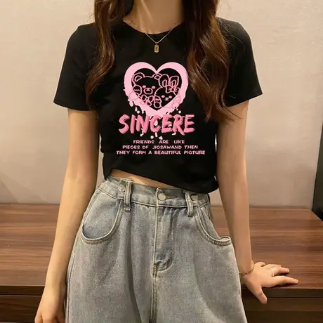 2023年新款夏季高腰短款修身显瘦小熊印花潮牌百搭黑色短袖T恤女商品大图