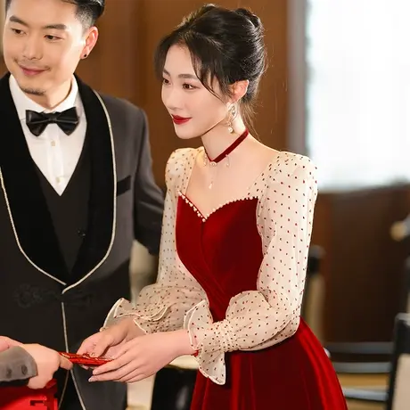 敬酒服2023新款新娘高级感平时可穿法式订婚礼服女夏季红色连衣裙商品大图