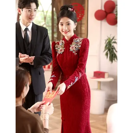 鱼尾敬酒服新娘2024新款冬季长袖高级感订婚礼服结婚回门中式修身图片