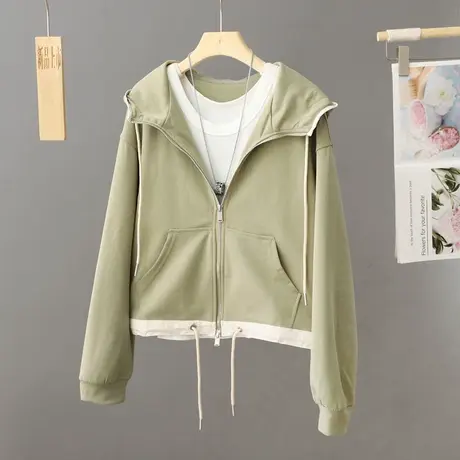 休闲运动连帽拉链外套卫衣女款短款宽松春秋款小个子穿搭时髦上衣图片