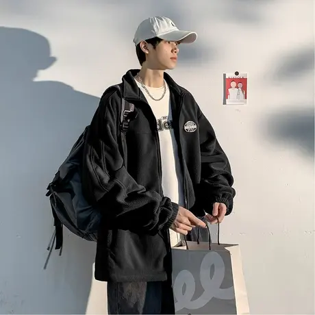 唐狮春秋男士外套夹克净色立领摇粒绒左胸贴标外套图片