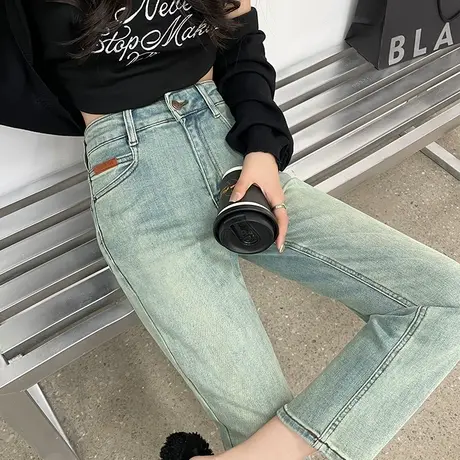 蓝色直筒牛仔裤女春秋新款高腰显瘦修身小个子九分窄版法棍烟管裤图片