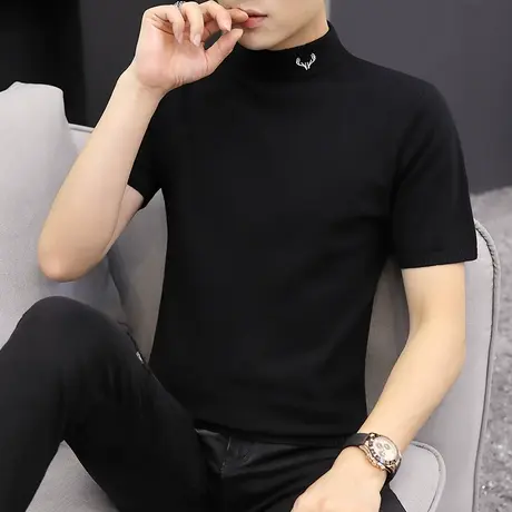 2023新款男士短袖T恤韩版秋季修身中领针织打底衫半高领毛衣半袖商品大图