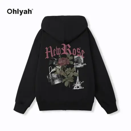 Ohlyah品牌浪漫铁塔印花大码卫衣男 秋冬款百搭情侣纯棉连帽外套商品大图