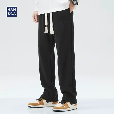 hansca雪尼尔运动休闲裤男重磅秋冬季加绒加厚潮牌黑色直筒阔腿裤商品大图