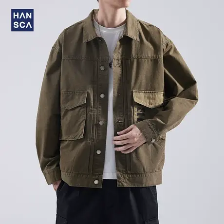hansca翻领夹克外套男秋季新款潮牌水洗宽松复古休闲纯棉工装上衣商品大图