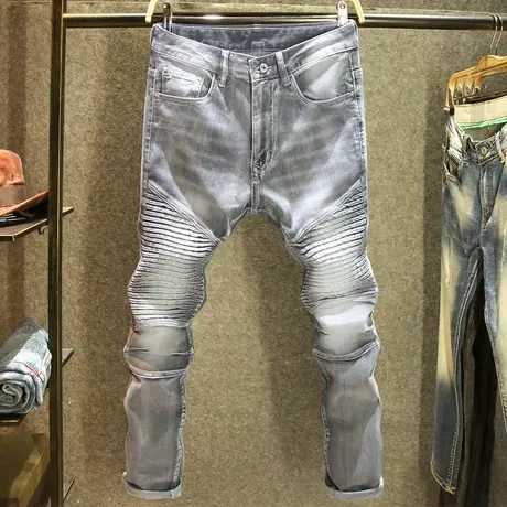 春季新款机车风拼接款牛仔裤男修身小脚裤烟灰色潮流百搭弹力裤子商品大图