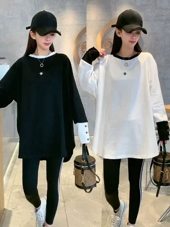 2024年春季新款圆领刺绣长袖三粒扣卫衣T恤时尚百搭休闲宽松上衣商品大图