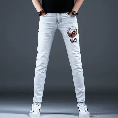 2024新款牛仔裤子浅灰修身时尚烫钻刺绣小脚裤美式棉弹男潮牌百搭商品大图