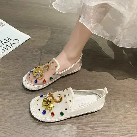 2024夏季新款网纱水钻花朵仙女风复古平底圆头百搭懒人一脚蹬单鞋商品大图