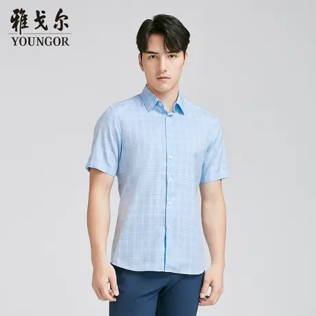 雅戈尔 商场同款男浅蓝格子休闲DP短袖衬衫YSXD130708IJA商品大图